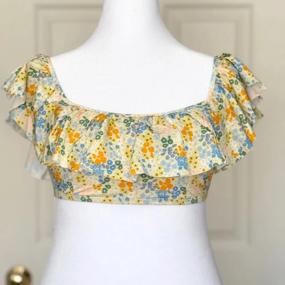 & Other Stories Floral‎ Ruffle Bikini Top Yellow Blue Paris Atelier NWT US 12